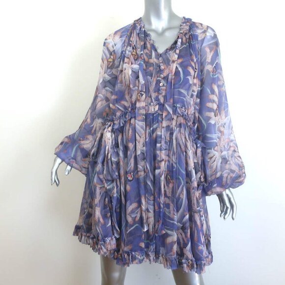 Zimmermann Botanica Tie-Neck Blouson Sleeve Dress Purple Floral Chiffon Size 1 - Picture 2 of 8